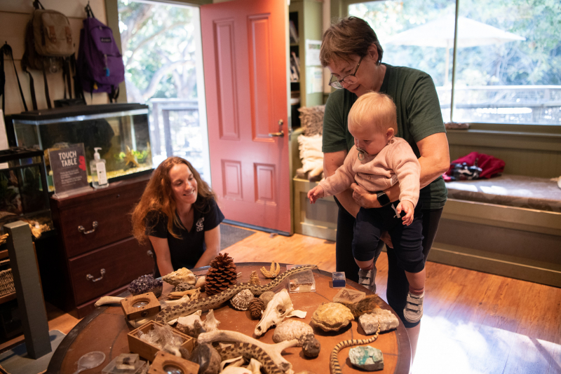 Two smiling women and a baby watch a snake moving across a table covered with natural objects.