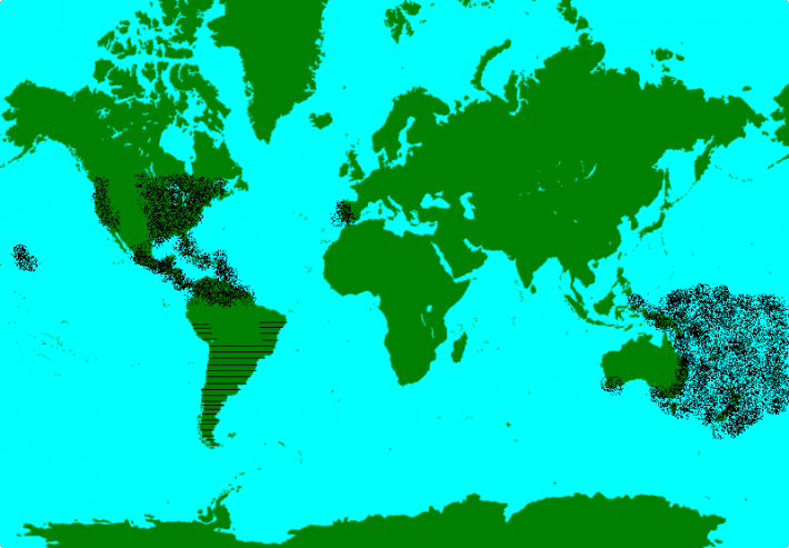 Monarch butterfly distribution map showing dots in North and Central America and the area east of Australia and stripes in South America